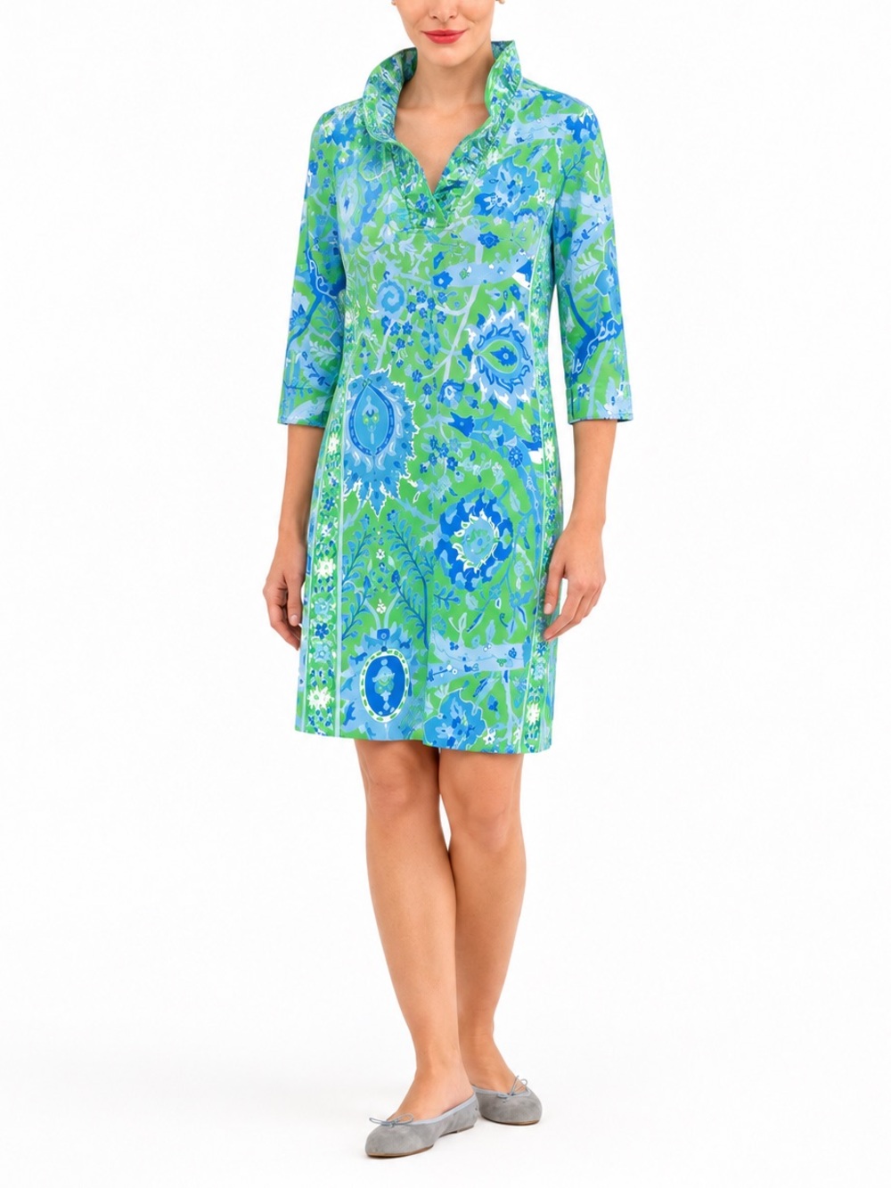 Gretchen Scott Ruffneck Jersey Dress in Green /Blue Paisley Print Size S